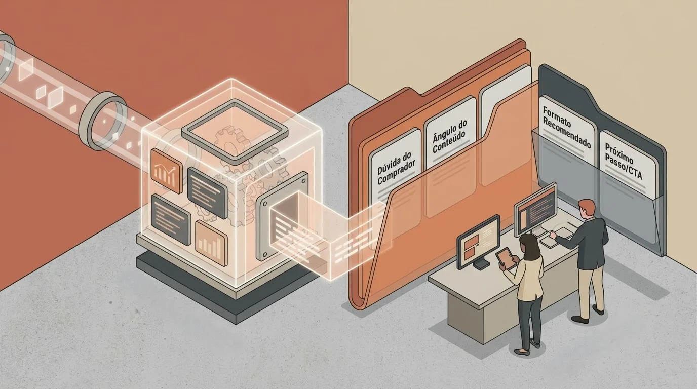 Ilustração isométrica de uma estação de processamento de resumos editoriais (briefings). À esquerda, uma câmara cúbica transparente recebe dados brutos através de um tubo e encaminha a informação para duas grandes pastas de trabalho estruturadas com as secções "Dúvida do Comprador", "Ângulo do Conteúdo", "Formato Recomendado" e "Próximo Passo/CTA". Em primeiro plano, dois analistas trabalham numa secretária com computadores a validar as diretrizes.