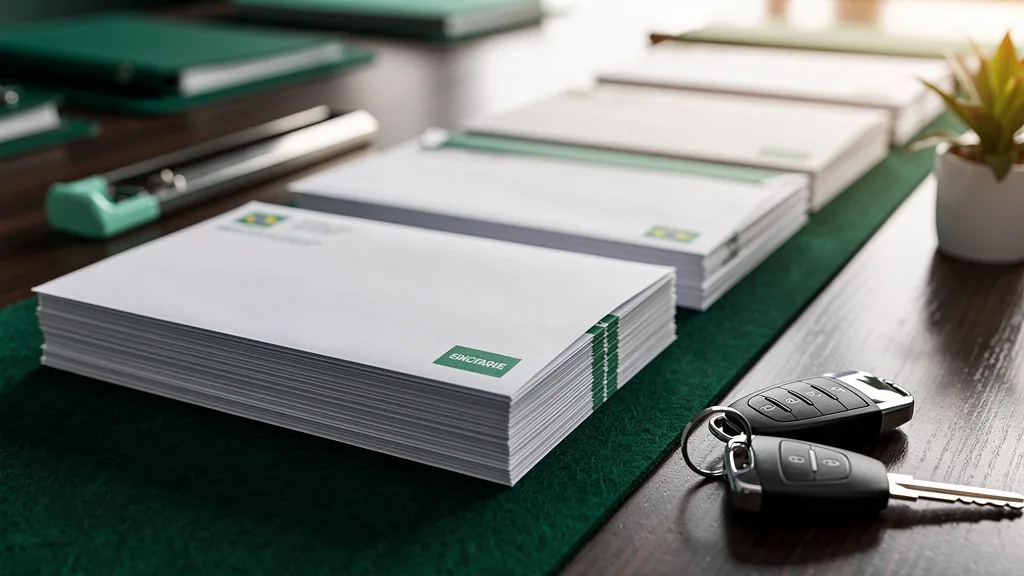 Envelopes lacrados em fileiras de alturas diferentes ao lado de uma chave de veículo