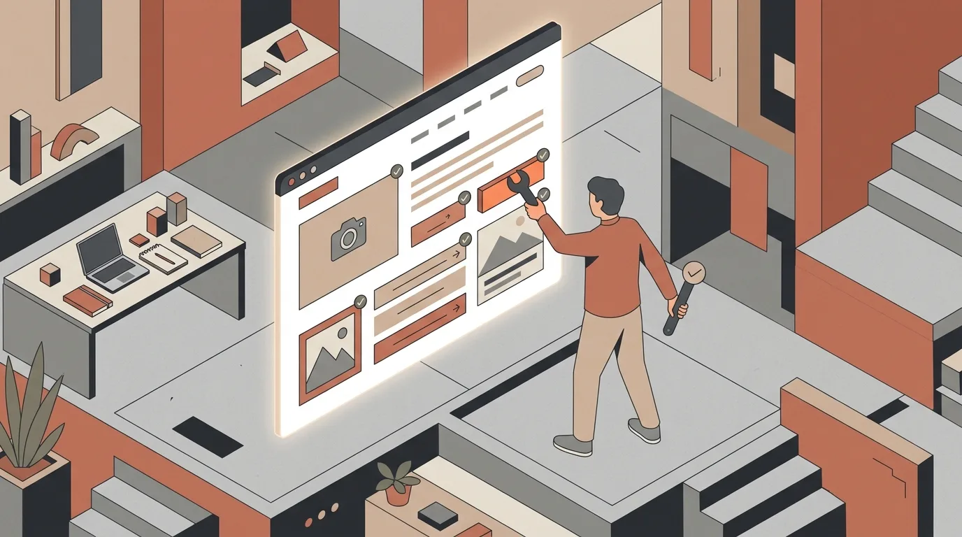 Ilustração vetorial isométrica em tons de terracota, bege e cinza de um homem segurando ferramentas enquanto ajusta o layout de uma grande página web iluminada. A tela exibe blocos de imagem, linhas de texto e botões com marcas de verificação. Ao redor, o ambiente conta com uma estação de trabalho com notebook, vasos de plantas e estruturas arquitetônicas com escadas.