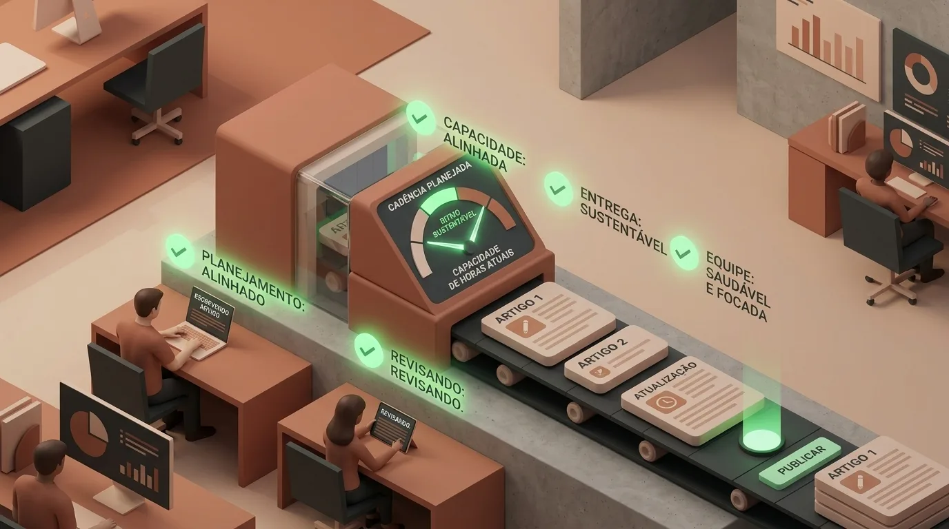 Ilustração isométrica de uma linha de produção editorial B2B focada no equilíbrio do fluxo de trabalho. A esteira rolante é regulada por um medidor de "CADÊNCIA PLANEJADA" a apontar para "RITMO SUSTENTÁVEL", acompanhado por verificações verdes como "CAPACIDADE: ALINHADA", "ENTREGA: SUSTENTÁVEL" e "EQUIPE: SAUDÁVEL E FOCADA" ao longo das etapas de escrita, revisão e publicação.