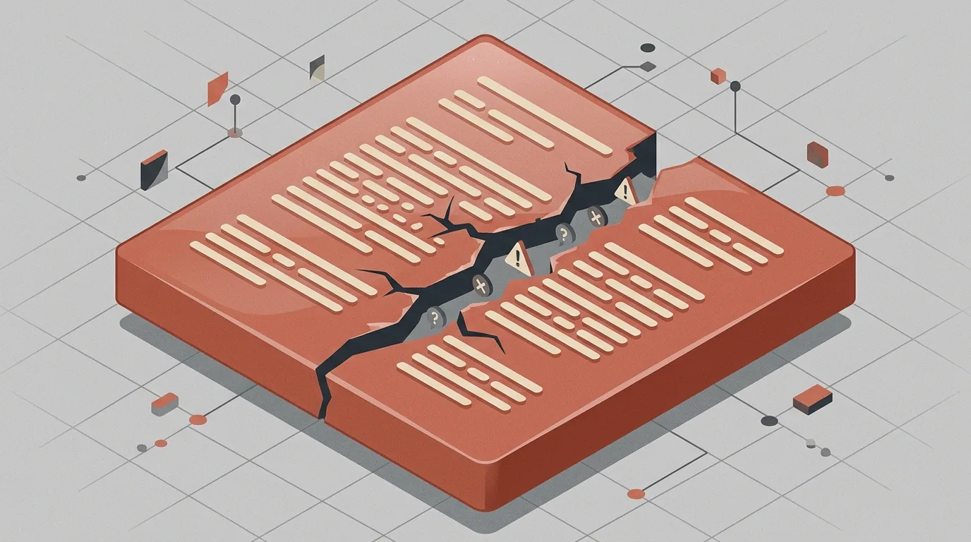Ilustração vetorial isométrica de um bloco retangular em tom terracota com relevos que simulam linhas de um documento de texto. O bloco apresenta uma grande fenda profunda dividindo-o ao meio, revelando em seu interior pequenos ícones de alerta, como triângulos com pontos de exclamação, sinais de interrogação e símbolos matemáticos. Ao fundo, uma grade cinza exibe conexões de linhas e pequenos cubos decorativos.