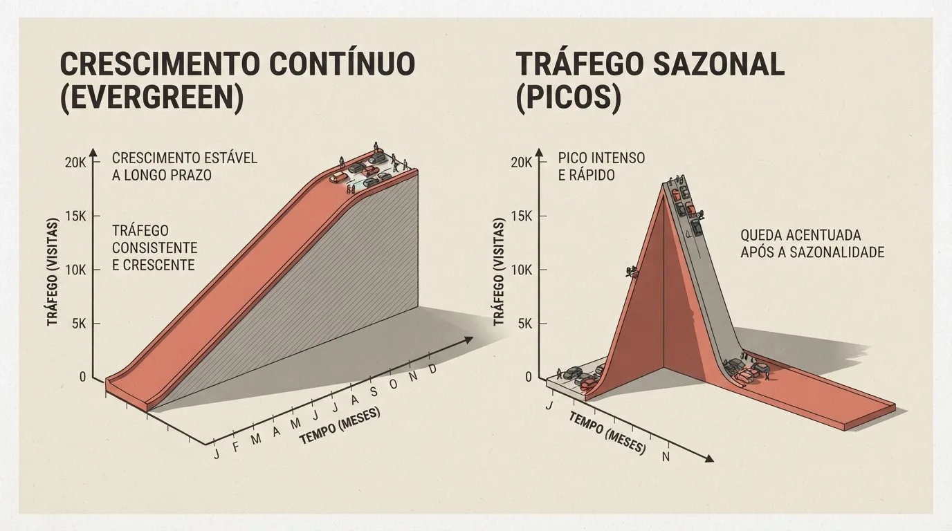 Infográfico comparativo em perspectiva isométrica ilustrando dois modelos de gráficos de tráfego web:  CRESCIMENTO CONTÍNUO (EVERGREEN): à esquerda, apresenta uma rampa ascendente e contínua em formato de estrada com veículos subindo gradualmente ao longo dos doze meses do ano, rotulada com os textos "CRESCIMENTO ESTÁVEL A LONGO PRAZO" e "TRÁFEGO CONSISTENTE E CRESCENTE".  TRÁFEGO SAZONAL (PICOS): à direita, exibe uma estrutura em formato de pico triangular íngreme, demonstrando uma subida rápida de veículos seguida por uma queda abrupta no solo, rotulada como "PICO INTENSO E RÁPIDO" e "QUEDA ACENTUADA APÓS A SAZONALIDADE".