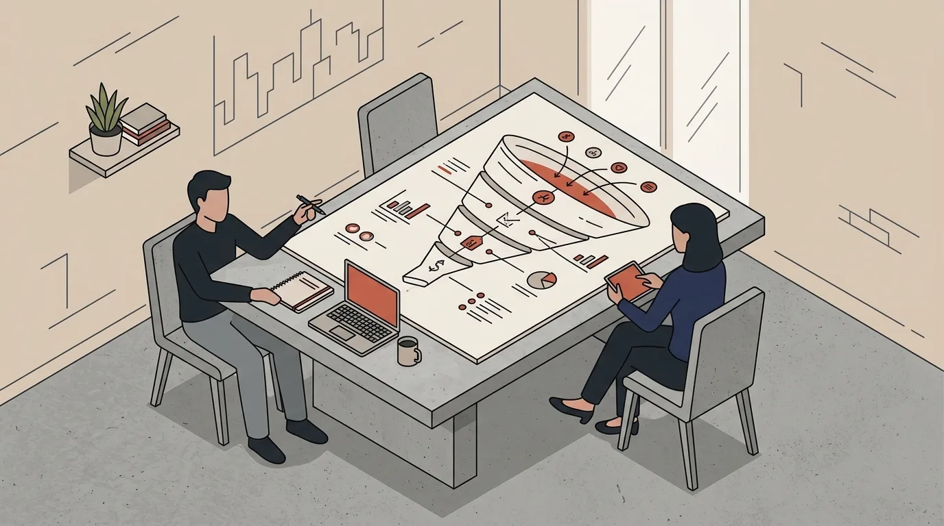 Ilustração isométrica de dois profissionais reunidos em uma mesa de conferência analisando um diagrama em grande escala de um funil de vendas e marketing. O homem à esquerda aponta para o mapa com uma caneta ao lado de seu notebook, enquanto a mulher à direita acompanha a estratégia com um tablet em mãos.