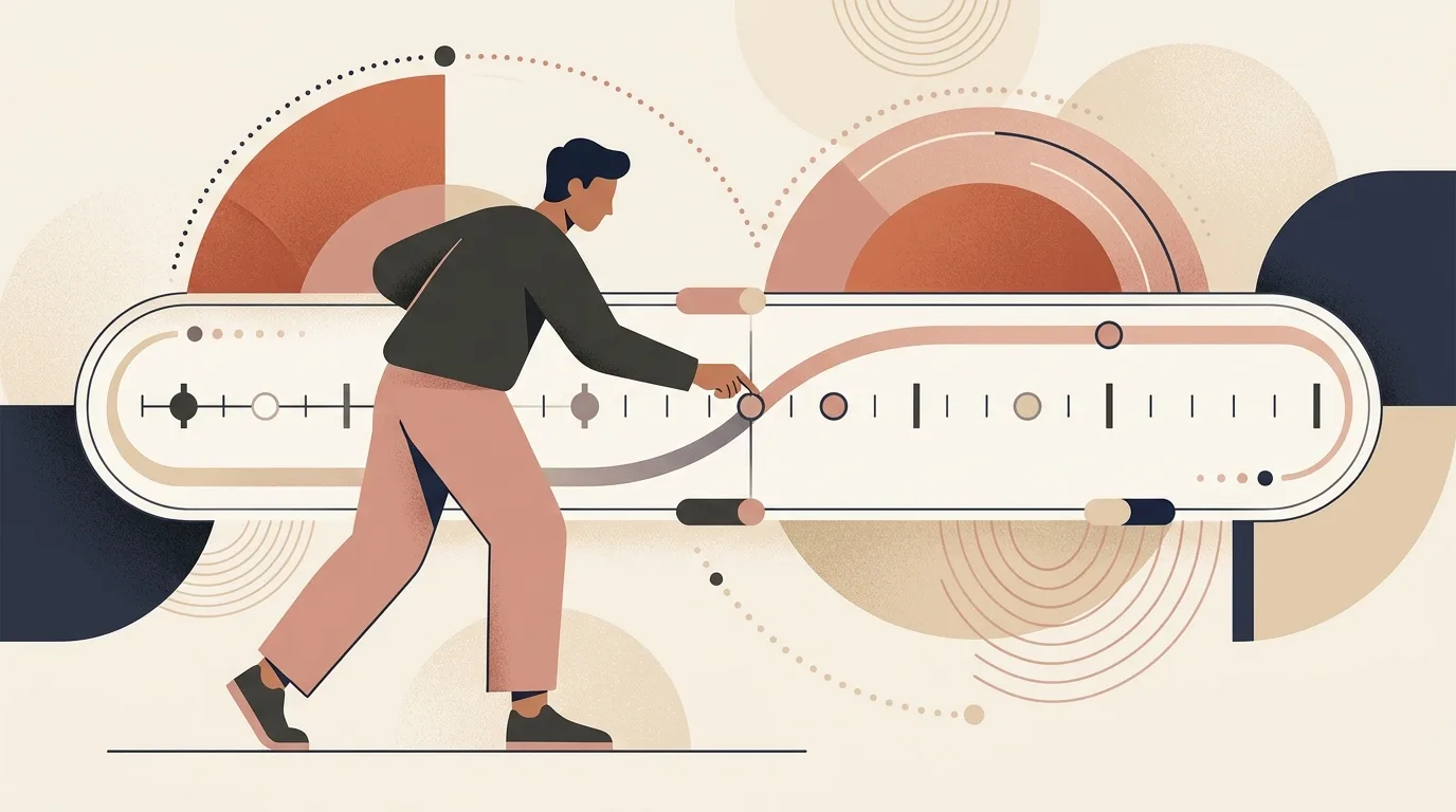 Ilustração geométrica em tons terrosos de uma pessoa inclinada ajustando um marcador sobre uma barra horizontal de linha do tempo, com formas circulares e arcos abstratos ao fundo.