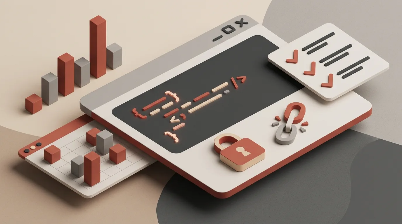 Ilustração 3D isométrica minimalista reunindo elementos de desenvolvimento e auditoria web. Uma janela de navegador central exibe símbolos de código ({ }, </>), cercada por um cadeado fechado simbolizando segurança HTTPS, um elo de corrente partido representando links quebrados, um cartão com marcadores de checagem e gráficos de barras verticais nas cores terracota, cinza e bege.