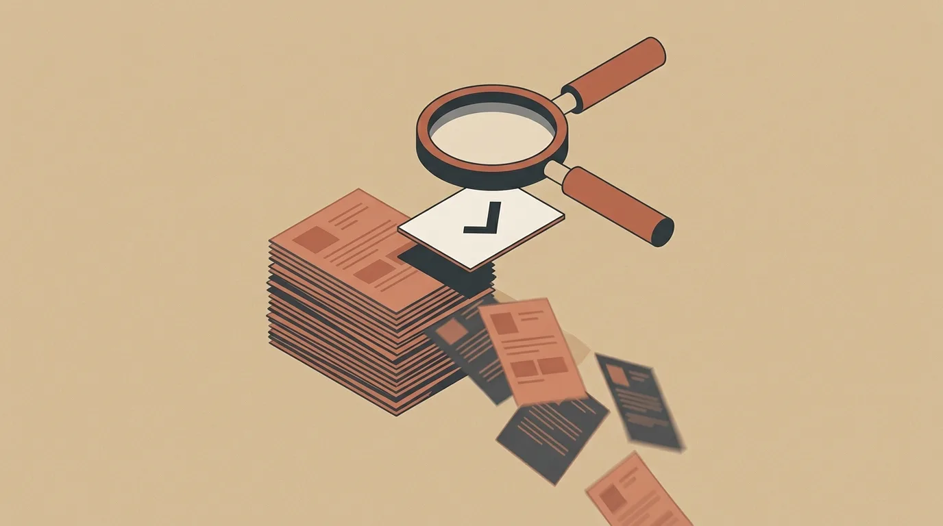 Ilustração isométrica de uma pilha de documentos sendo analisada por duas lupas. Um documento em destaque com um símbolo de visto (check-mark) é selecionado no topo, enquanto outras folhas descartadas flutuam para a parte inferior.