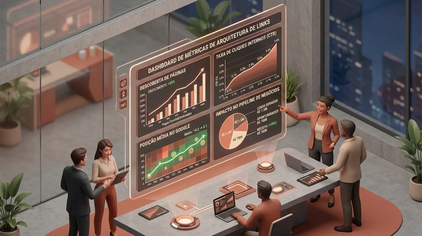 Ilustração isométrica de uma equipa executiva reunida num escritório envidraçado a analisar um grande ecrã com o "DASHBOARD DE MÉTRICAS DE ARQUITETURA DE LINKS". O painel destaca gráficos de "DESCOBERTA DE PÁGINAS" (+35% de crescimento), "TAXA DE CLIQUES INTERNOS (CTR)", ganho na "POSIÇÃO MÉDIA NO GOOGLE" (evoluindo de 14.2 para 8.1) e o "IMPACTO NO PIPELINE DE NEGÓCIOS", detalhando valores de receita e geração de leads.