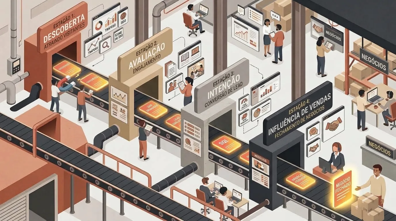 Ilustração isométrica de uma fábrica que representa a jornada de compra B2B numa esteira rolante dividida em quatro estações consecutivas: "ESTAÇÃO 1: DESCOBERTA" (atração de visitantes), "ESTAÇÃO 2: AVALIAÇÃO" (engajamento e qualificação), "ESTAÇÃO 3: INTENÇÃO" (conversão de leads) e "ESTAÇÃO 4: INFLUÊNCIA DE VENDAS" (fechamento de negócios). Operadores monitorizam o fluxo até à entrega final da caixa etiquetada como "NEGÓCIO FECHADO".
