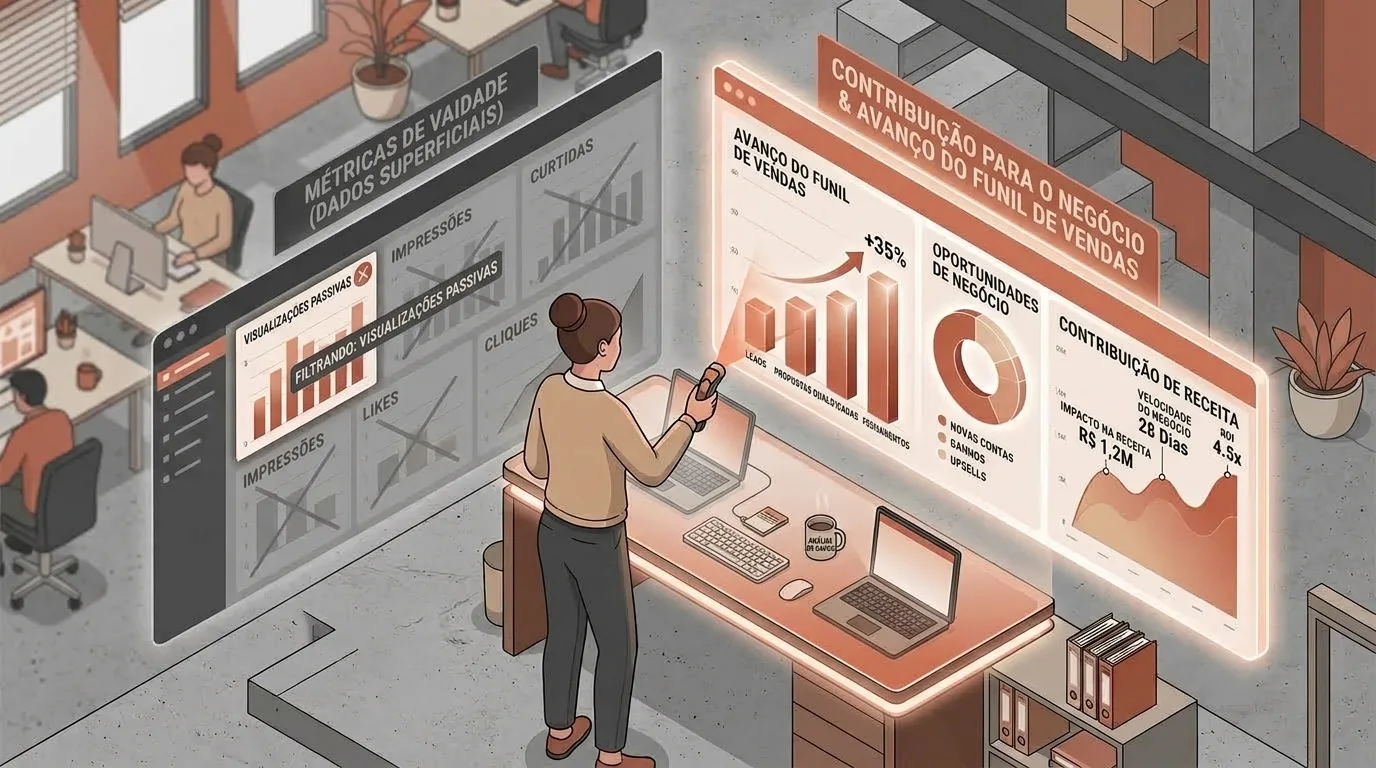 Ilustração isométrica de uma analista a trabalhar numa secretária com computador portátil, diante de dois grandes ecrãs digitais. O ecrã da esquerda descarta "MÉTRICAS DE VAIDADE (DADOS SUPERFICIAIS)" como impressões e cliques. O ecrã da direita exibe "CONTRIBUIÇÃO PARA O NEGÓCIO & AVANÇO DO FUNIL DE VENDAS", destacando gráficos de oportunidades de negócio, impacto na receita e ROI.