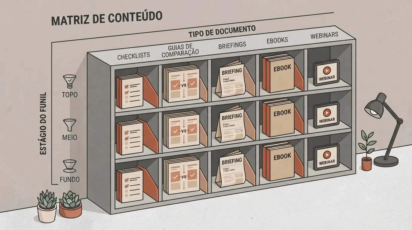 Ilustração isométrica de uma estante organizada intitulada "MATRIZ DE CONTEÚDO", disposta em uma grade que cruza os estágios do funil com tipos de material. As colunas superiores identificam "CHECKLISTS", "GUIAS DE COMPARAÇÃO", "BRIEFINGS", "EBOOKS" e "WEBINARS", enquanto a lateral esquerda divide as prateleiras entre os estágios de "TOPO", "MEIO" e "FUNDO" do funil.