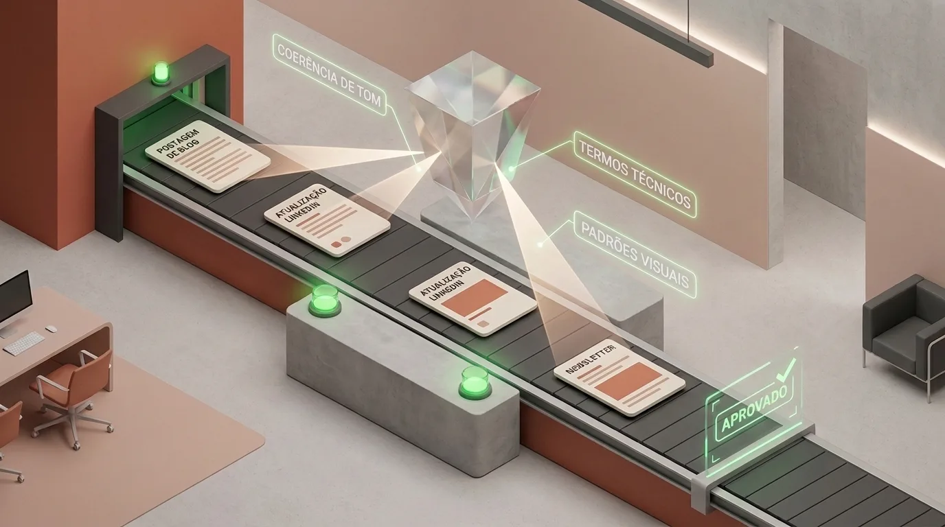 Ilustração isométrica de uma esteira de produção onde materiais como "POSTAGEM DE BLOG", "ATUALIZAÇÃO LINKEDIN" e "NEWSLETTER" passam sob um prisma flutuante de verificação. O prisma analisa critérios representados por marcadores holográficos como "COERÊNCIA DE TOM", "TERMOS TÉCNICOS" e "PADRÕES VISUAIS", carimbando o material aprovado no final com o sinal verde "APROVADO".