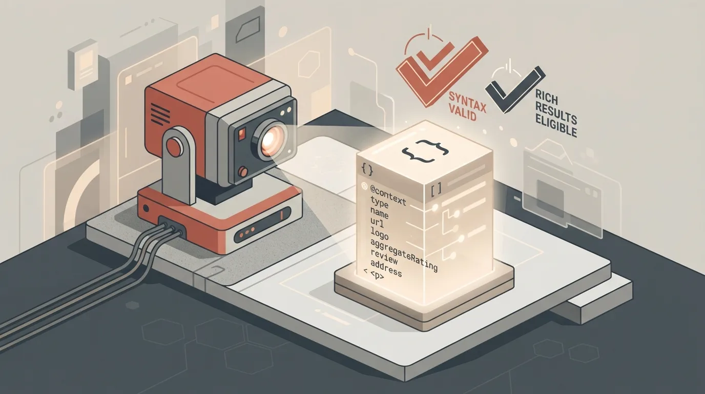 Ilustração vetorial isométrica em tons de terracota, bege e cinza retratando um scanner robótico inspecionando um bloco luminoso com código estruturado JSON-LD, contendo parâmetros como @context, type, name, url, logo e address. No canto superior direito, selos de aprovação confirmam as legendas SYNTAX VALID (Sintaxe Válida) e RICH RESULTS ELIGIBLE (Elegível para Resultados Ricos).