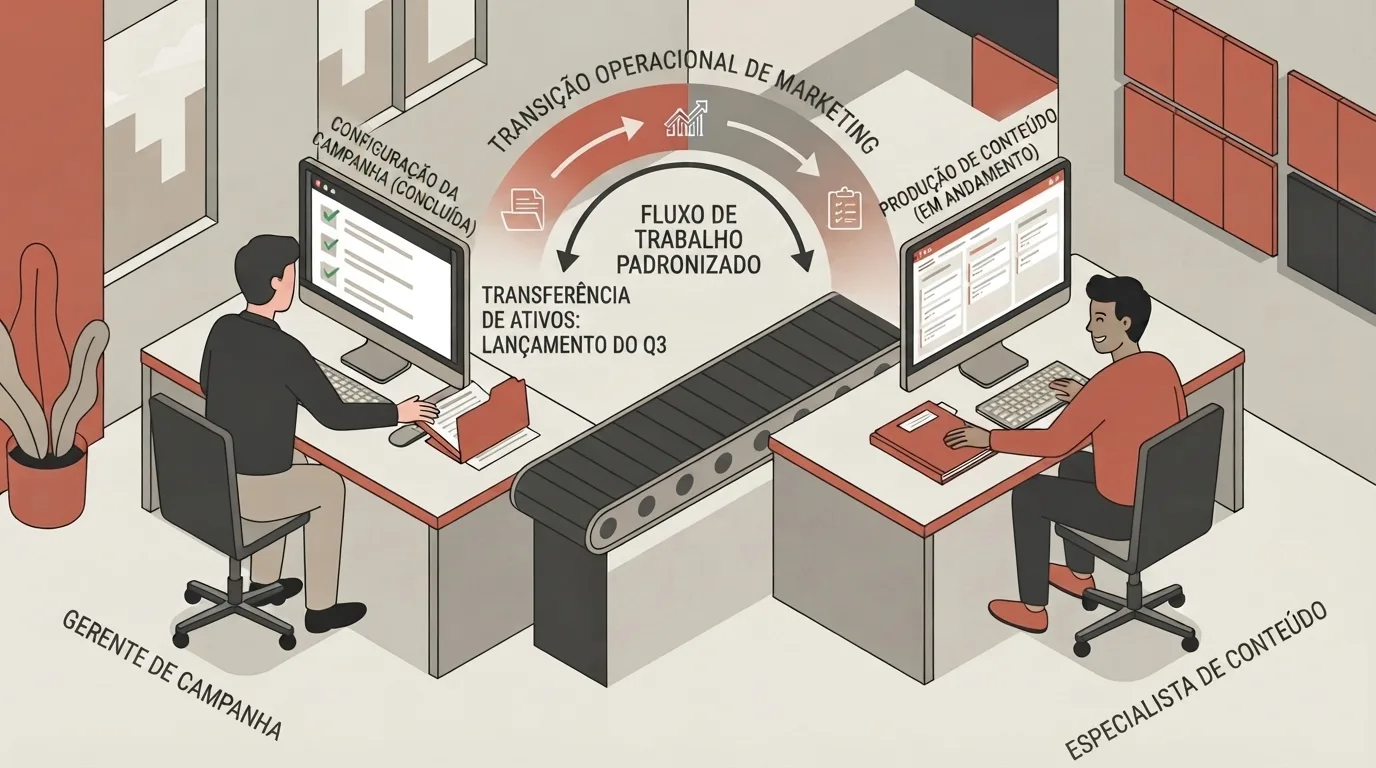 Ilustração vetorial isométrica representando o fluxo de transição entre duas etapas de trabalho. À esquerda, o GERENTE DE CAMPANHA conclui a CONFIGURAÇÃO DA CAMPANHA (CONCLUÍDA) em seu computador. Ao centro, uma esteira rolante sob o arco TRANSIÇÃO OPERACIONAL DE MARKETING / FLUXO DE TRABALHO PADRONIZADO realiza a TRANSFERÊNCIA DE ATIVOS: LANÇAMENTO DO Q3 para a direita, onde o ESPECIALISTA DE CONTEÚDO inicia a PRODUÇÃO DE CONTEÚDO (EM ANDAMENTO) em sua tela.