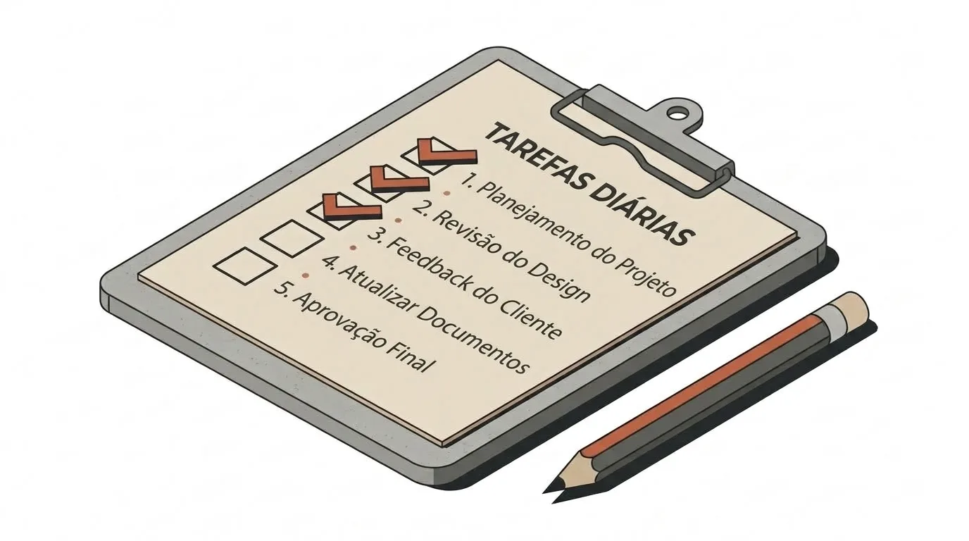 Ilustração isométrica de uma prancheta com uma lista de checagem intitulada "TAREFAS DIÁRIAS". Os itens "1. Planejamento do Projeto", "2. Revisão do Design" e "3. Feedback do Cliente" aparecem marcados com vistos vermelhos, enquanto "4. Atualizar Documentos" e "5. Aprovação Final" permanecem em aberto. Um lápis repousa ao lado da prancheta.