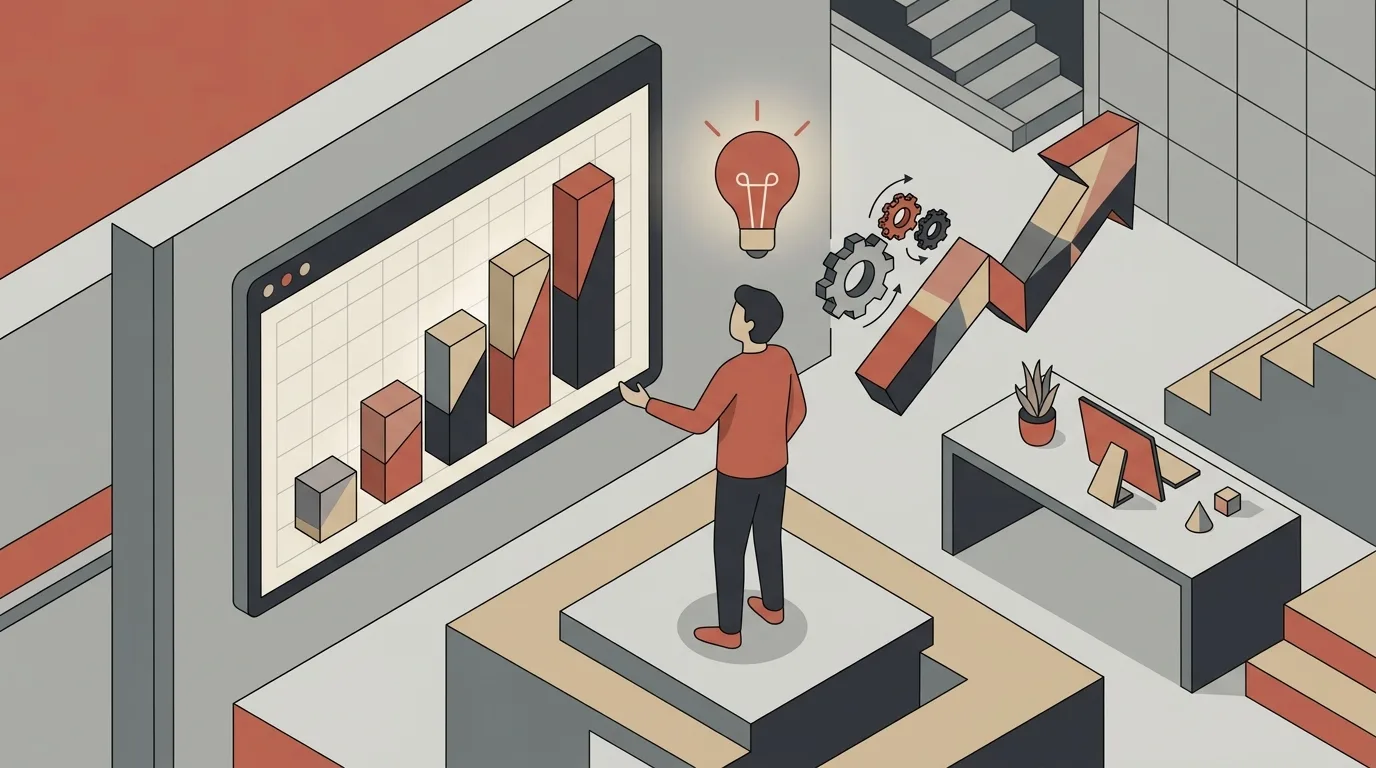Ilustração vetorial isométrica em tons de terracota, bege e cinza de um homem sobre uma plataforma observando um grande painel digital com gráficos de barras em ascensão. Uma lâmpada acesa flutua sobre sua cabeça, simbolizando uma ideia ou insight. Ao fundo, veem-se engrenagens em movimento, uma grande seta ascendente e uma mesa de trabalho com computador.
