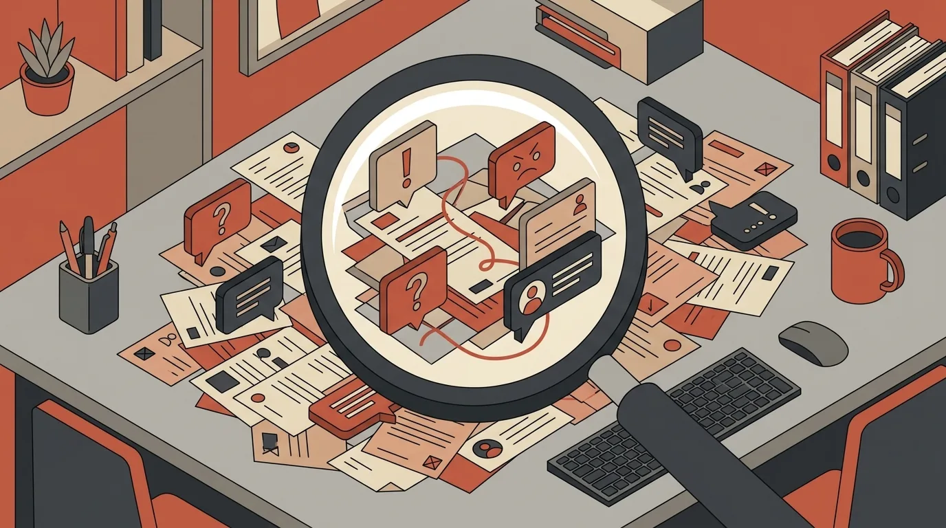 Ilustração isométrica de uma secretária de trabalho repleta de documentos, fichas e relatórios de suporte desordenados. Ao centro, uma grande lupa amplia uma secção de papéis interligados por linhas vermelhas, destacando balões de diálogo com pontos de interrogação, exclamações, rostos insatisfeitos e perfis de utilizadores, simbolizando a análise detalhada de feedback e chamados de suporte.