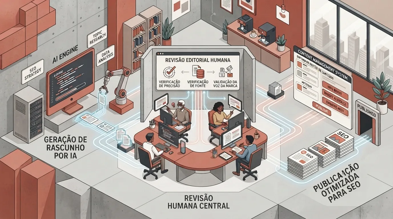 Ilustração vetorial isométrica representando o fluxo de produção de conteúdo otimizado em três etapas principais:  GERAÇÃO DE RASCUNHO POR IA: à esquerda, um braço robótico coleta rascunhos gerados por um computador conectado ao motor de inteligência artificial (AI Engine).  REVISÃO HUMANA CENTRAL: ao centro, quatro profissionais analisam os textos em uma mesa curva sob um painel com os critérios "VERIFICAÇÃO DE PRECISÃO", "VERIFICAÇÃO DE FONTE" e "VALIDAÇÃO DA VOZ DA MARCA".  PUBLICAÇÃO OTIMIZADA PARA SEO: à direita, o conteúdo passa pela validação no sistema de gerenciamento (CMS) e chega como pilhas de artigos aprovados a um portal de saída identificado como "PUBLISHED".