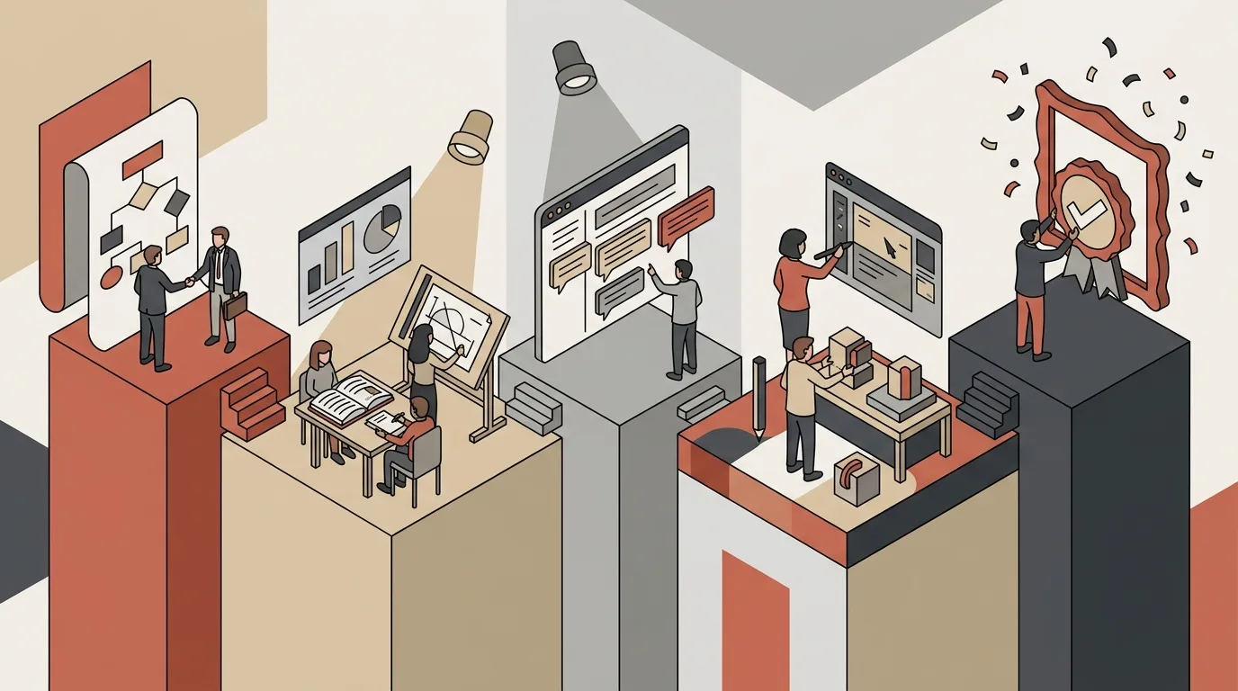 Ilustração vetorial isométrica apresentando cinco plataformas em colunas que detalham as etapas sequenciais de uma linha de produção: Etapa 1: Dois profissionais firmando um acordo diante de um fluxograma. Etapa 2: Uma equipe realizando pesquisas e desenhos em uma prancheta de arquitetura. Etapa 3: Um analista alinhando informações em uma tela de comunicação digital. Etapa 4: Designers criando protótipos em uma interface gráfica e montando produtos físicos. Etapa 5: Um profissional finalizando o processo ao pendurar um certificado de qualidade sob chuva de confetes.