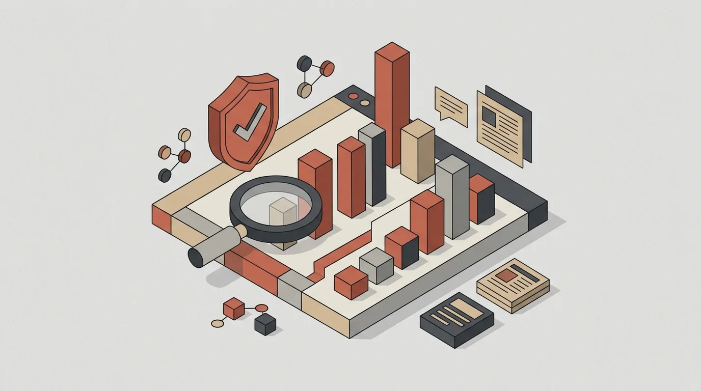 Ilustração vetorial isométrica em 3D de um painel de controle (dashboard) de monitoramento. A plataforma conta com gráficos de barras verticais nas cores terracota, cinza e bege, uma lupa focando um dos indicadores, um escudo com selo de verificação ao fundo, ícones de conexões de rede e cartões flutuantes simulando relatórios e artigos.
