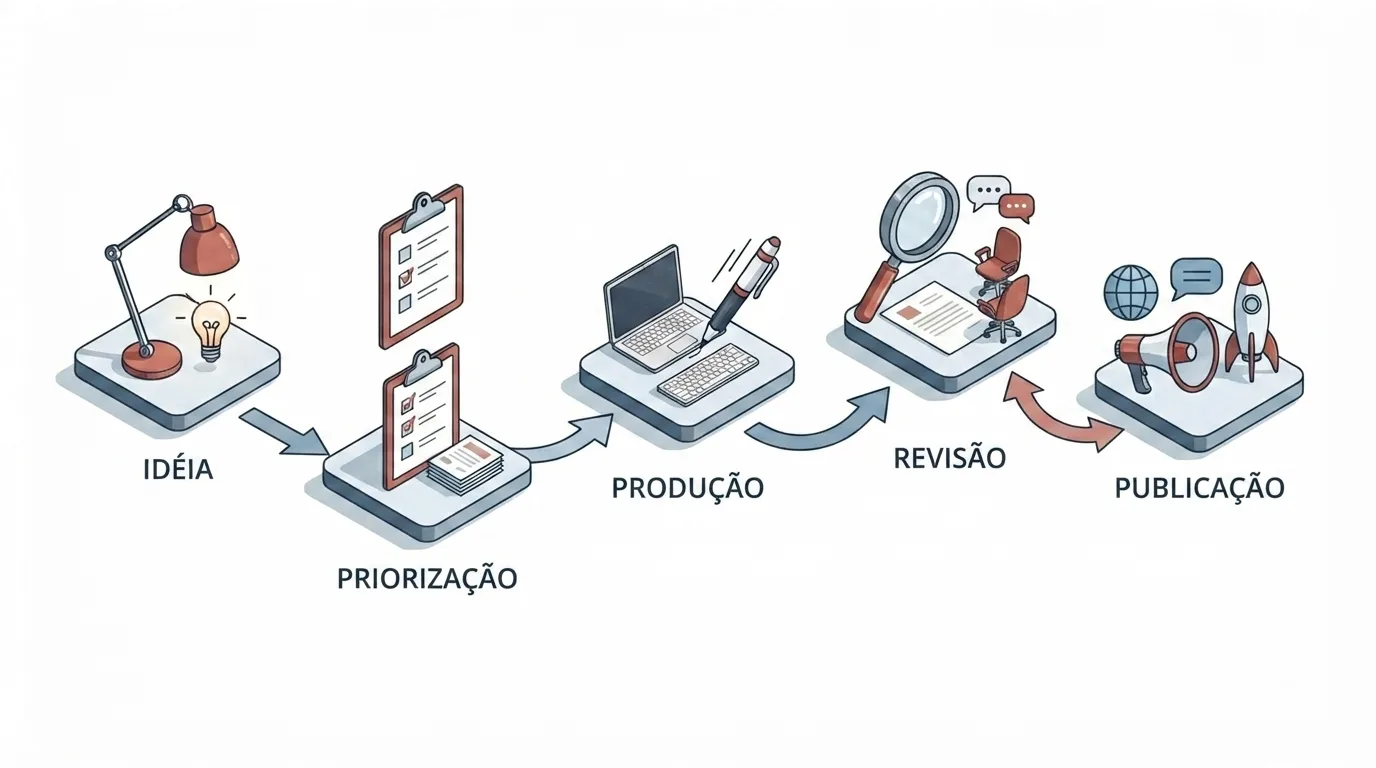 Diagrama vetorial isométrico em tons de cinza, terracota e azul, detalhando o fluxo de trabalho editorial em cinco etapas sequenciais interligadas por setas: IDÉIA: representada por uma luminária e uma lâmpada acesa. PRIORIZAÇÃO: ilustrada por pranchetas com listas de checagem (checklists). PRODUÇÃO: representada por um notebook e uma caneta sobre a base. REVISÃO: ilustrada por uma lupa gigante inspecionando um documento entre cadeiras de reunião. PUBLICAÇÃO: representada por um megafone, um globo terrestre e um foguete em lançamento.