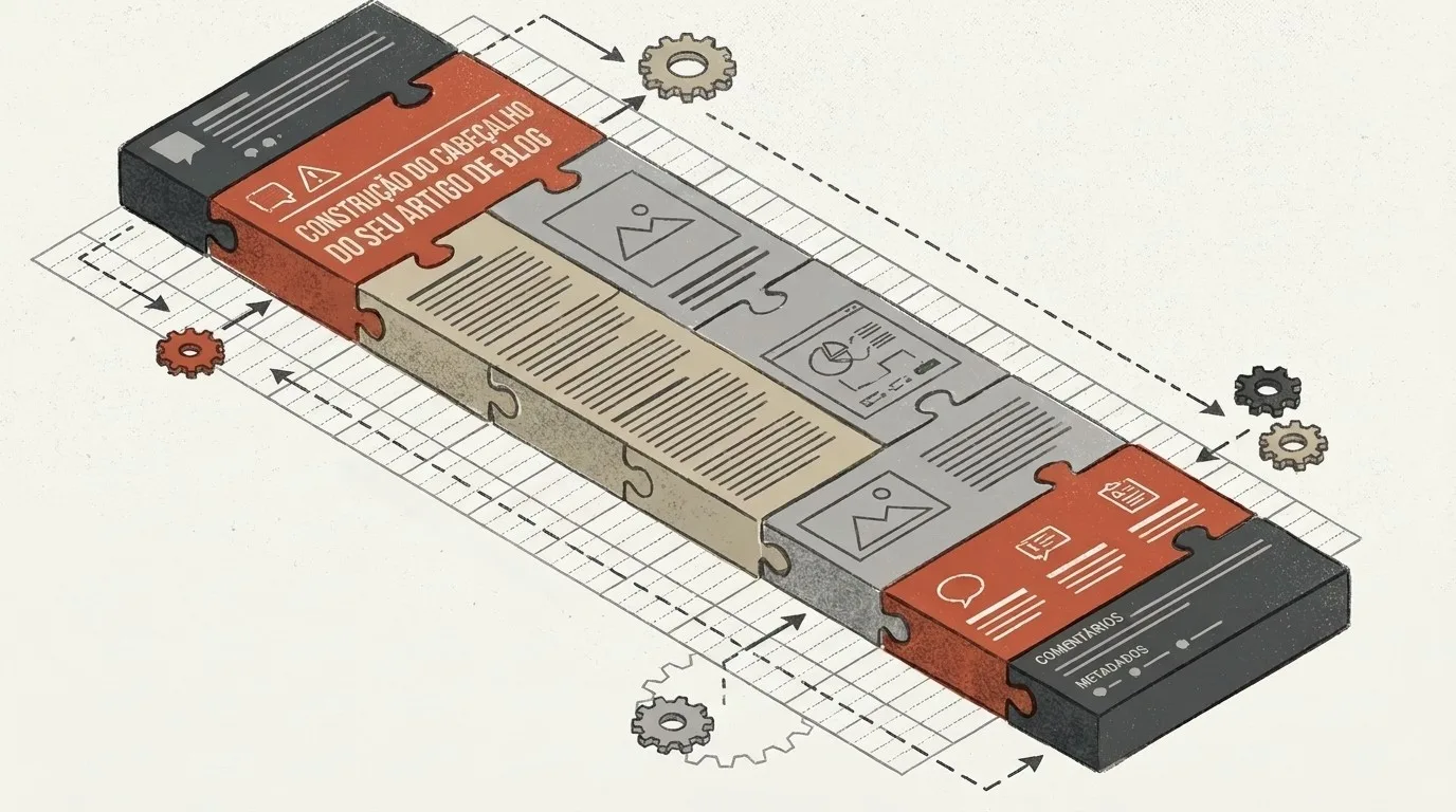 Ilustração vetorial isométrica sobre uma grade de alinhamento. Diversas peças de quebra-cabeça se encaixam para formar a estrutura modular de um post: o bloco de topo destaca "CONSTRUÇÃO DO CABEÇALHO DO SEU ARTIGO DE BLOG", seguido por módulos interconectados de texto, imagens e gráficos de desempenho, finalizando na base com seções de "COMENTÁRIOS" e "METADADOS".