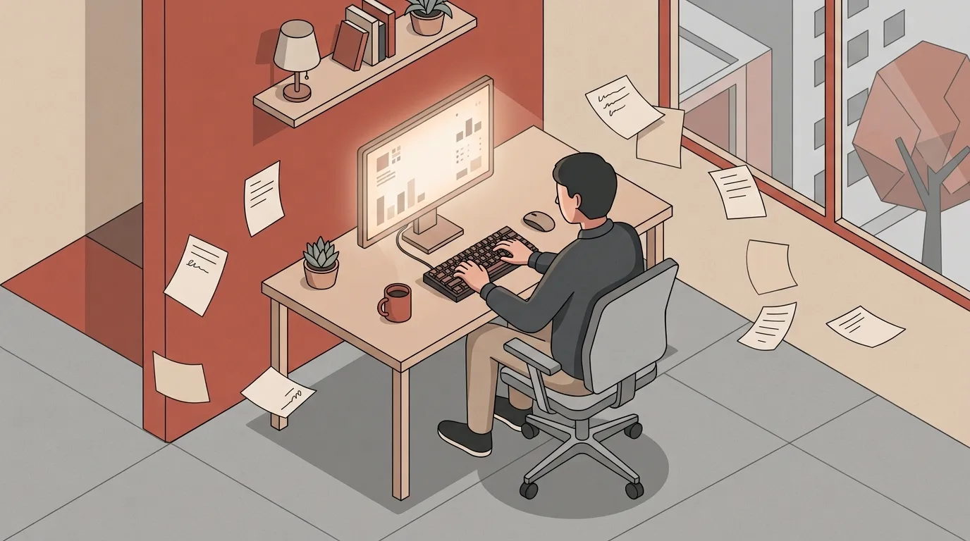 Ilustração vetorial isométrica de um homem de costas digitando no teclado de um computador em sua estação de trabalho. O monitor exibe um painel de gráficos iluminado sobre a mesa de madeira, que contém caneca de café e vaso de planta. Ao redor da escrivaninha, várias folhas de papel flutuam no ar. O espaço conta com uma prateleira decorativa e uma janela ampla voltada para prédios da cidade, em uma paleta de tons terracota, bege e cinza.