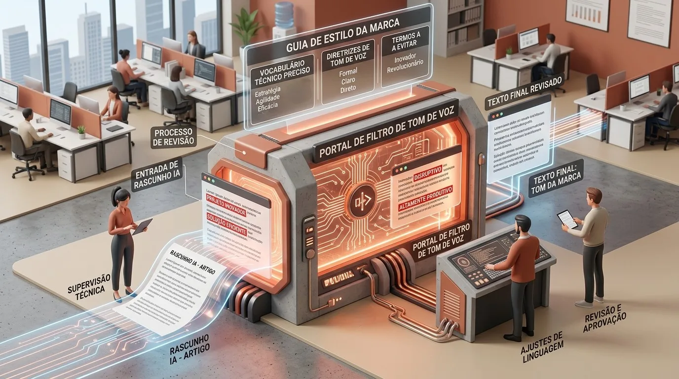 Ilustração isométrica de um portal de filtragem de tom de voz para textos gerados por inteligência artificial num escritório. À esquerda, o documento "RASCUNHO IA - ARTIGO" passa por supervisão técnica e entra no "PORTAL DE FILTRO DE TOM DE VOZ". Na parte superior do portal, o "GUIA DE ESTILO DA MARCA" especifica parâmetros de vocabulário técnico, tom de voz e termos a evitar. À direita, analistas realizam ajustes de linguagem para emitir o "TEXTO FINAL: TOM DA MARCA".