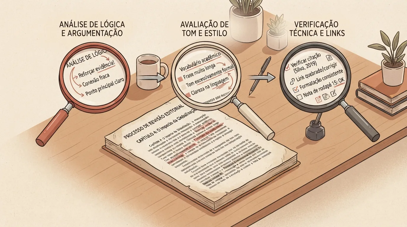 Um processo de revisão editorial sobre uma escrivaninha de madeira, mostrando um livro aberto intitulado "PROCESSO DE REVISÃO EDITORIAL - CAPÍTULO 4: O Impacto da Globalização" com trechos grifados em vermelho. Três lupas sequenciais analisam o texto em diferentes etapas:  ANÁLISE DE LÓGICA E ARGUMENTAÇÃO: lupa vermelha à esquerda destacando os apontamentos "Reforçar evidência!", "Conexão fraca" e "Ponto principal claro".  AVALIAÇÃO DE TOM E ESTILO: lupa central analisando "Vocabulário acadêmico", "Frase muito longa", "Tom excessivamente formal" e "Clareza na linguagem".  VERIFICAÇÃO TÉCNICA E LINKS: lupa escura à direita checando "Verificar citação (Silva, 2019)", "Link quebrado/corrigir", "Formatação consistente" e "Nota de rodapé 15: OK". A composição é acompanhada por uma caneca de café, caneta e vasos de plantas.