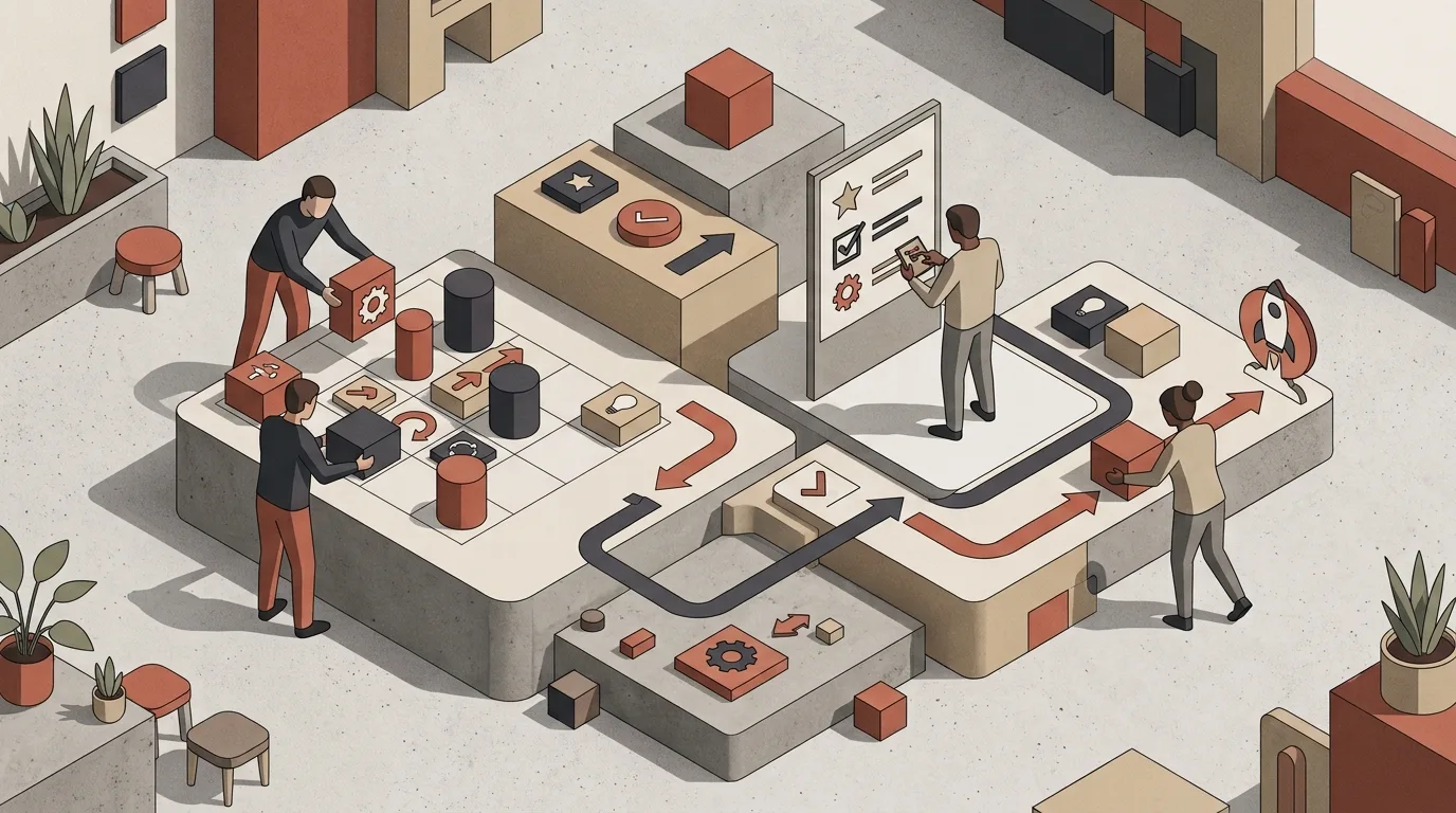 Ilustração vetorial isométrica em tons de terracota, bege e cinza representando um fluxo de trabalho colaborativo. À esquerda, duas pessoas posicionam blocos modulares com ícones de engrenagem sobre uma grade; à direita, um analista interage com uma tela vertical enquanto outra pessoa transporta um bloco ao longo de uma trilha direcionada a um ícone de foguete.