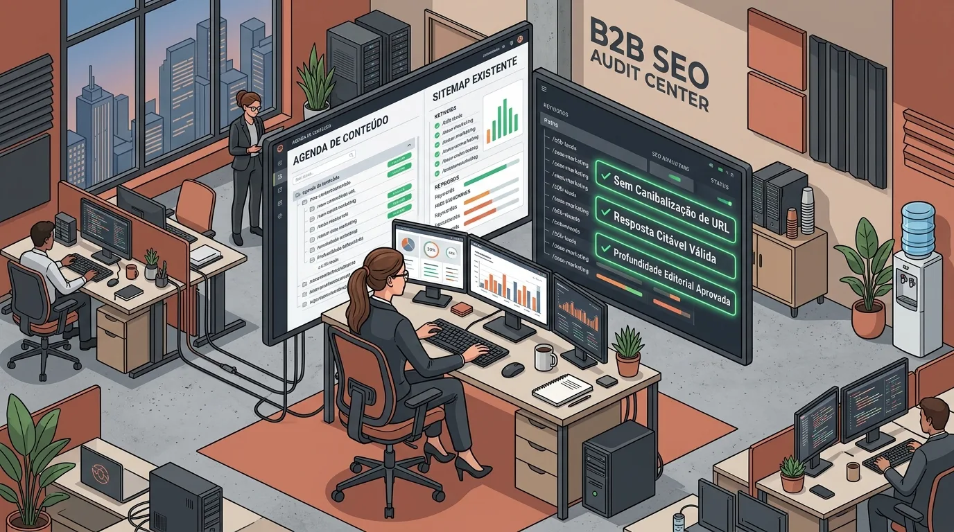 Ilustração isométrica de um centro de auditoria de SEO corporativo com a inscrição "B2B SEO AUDIT CENTER" na parede. Ao centro, uma analista trabalha numa secretária com múltiplos ecrãs que exibem a "AGENDA DE CONTEÚDO", o "SITEMAP EXISTENTE" e um painel de controlo com os critérios de validação aprovados: "✔ Sem Canibalização de URL", "✔ Resposta Citável Válida" e "✔ Profundidade Editorial Aprovada".