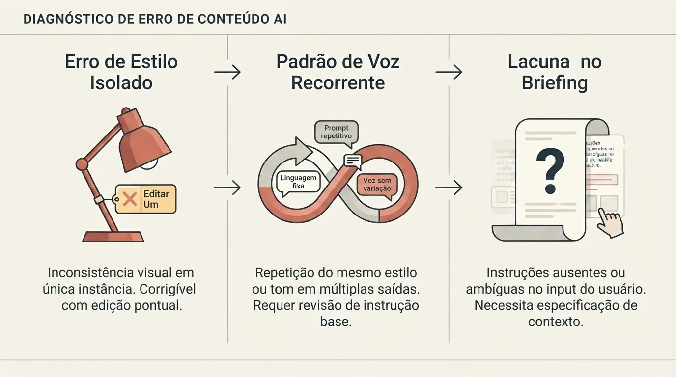 Infográfico explicativo em três colunas intitulado "DIAGNÓSTICO DE ERRO DE CONTEÚDO AI", organizado nas seguintes etapas sequenciais: Erro de Estilo Isolado: ilustrado por uma luminária de mesa com etiqueta de erro marcada como "Editar Um". O texto inferior descreve: "Inconsistência visual em única instância. Corrigível com edição pontual." Padrão de Voz Recorrente: ilustrado por um símbolo de infinito contendo balões de diálogo com os textos "Prompt repetitivo", "Linguagem fixa" e "Voz sem variação". O texto inferior descreve: "Repetição do mesmo estilo ou tom em múltiplas saídas. Requer revisão de instrução base." Lacuna no Briefing: ilustrado por um documento com um ponto de interrogação central e uma mão selecionando a tela. O texto inferior descreve: "Instruções ausentes ou ambíguas no input do usuário. Necessita especificação de contexto."
