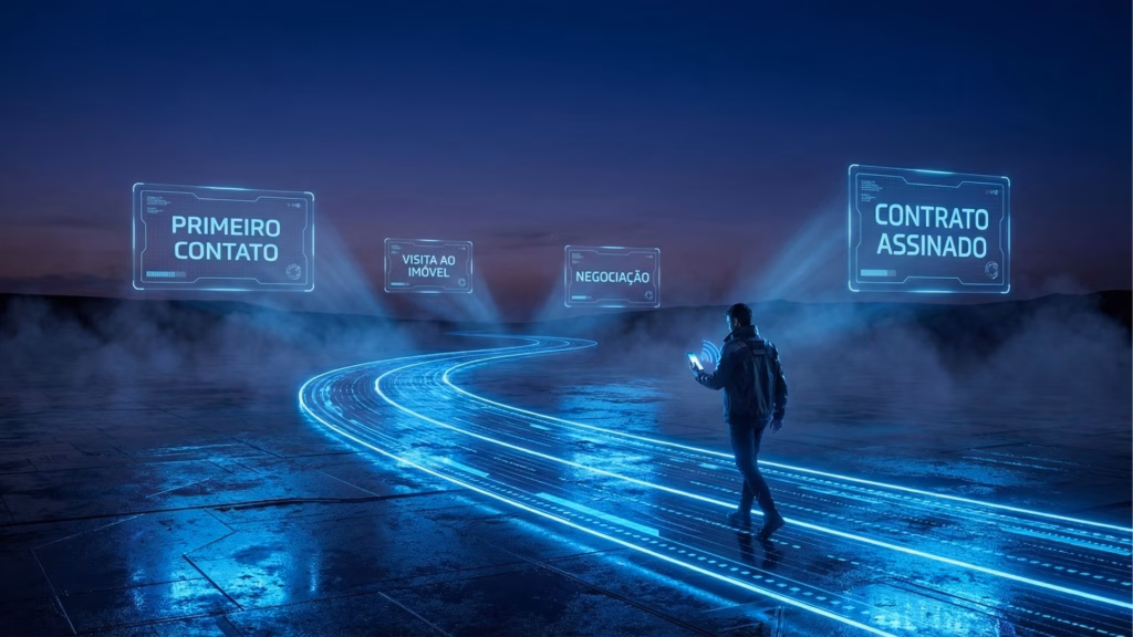 Uma pessoa caminhando à noite sobre uma trilha digital azul brilhante que simula uma estrada. A pessoa segura um celular luminoso. Acima da trilha, flutuam painéis holográficos que representam as etapas da jornada de compra de um imóvel: "Primeiro Contato", "Visita ao Imóvel", "Negociação" e "Contrato Assinado".