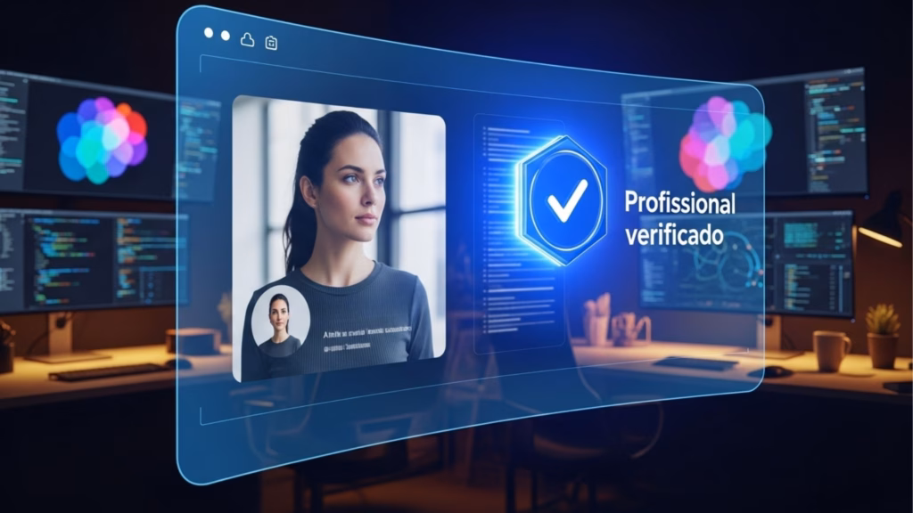 Interface de um navegador flutuante em um escritório escuro com vários monitores ao fundo. A tela central destaca a foto de uma mulher com um selo de verificação azul e o texto "Profissional verificado", ilustrando a credibilidade e autoridade do influenciador.