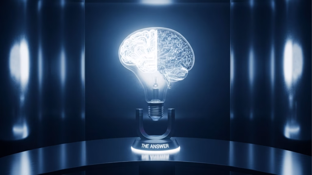 Uma lâmpada incandescente cujo filamento é um cérebro humano digitalizado e brilhante. A base da lâmpada está sobre um suporte com a inscrição "THE ANSWER", simbolizando a iluminação e clareza das respostas geradas por IA.