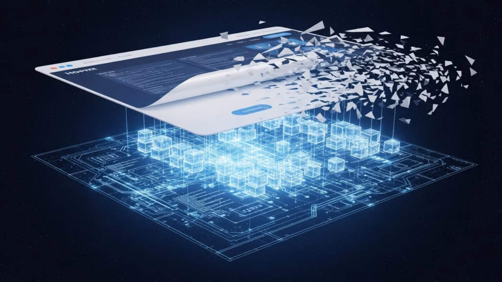 Interface digital sendo desintegrada em fragmentos que sobem, revelando uma estrutura de dados com blocos conectados e circuitos brilhantes em fundo escuro.