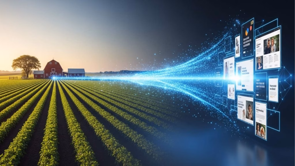 Uma imagem futurista de um campo de cultivo com dados digitais fluindo do solo para uma tela, representando a aplicação de tecnologia para análise e otimização agrícola.