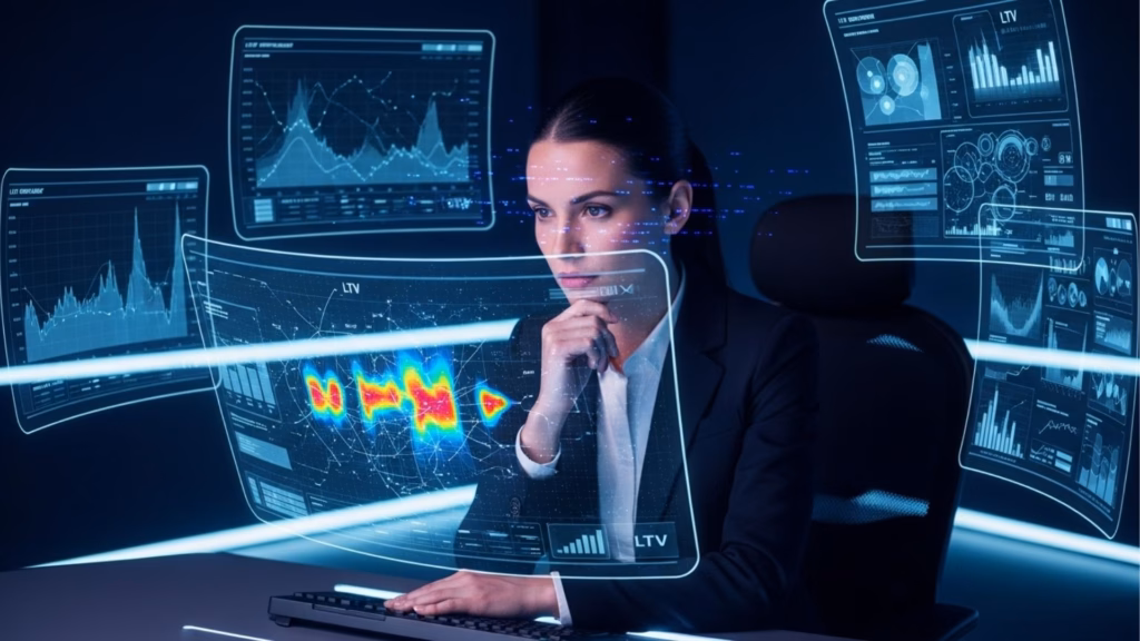 Uma mulher em ambiente escuro observa atentamente telas holográficas curvas que exibem mapas de calor e métricas de LTV (Lifetime Value) em cores vibrantes.