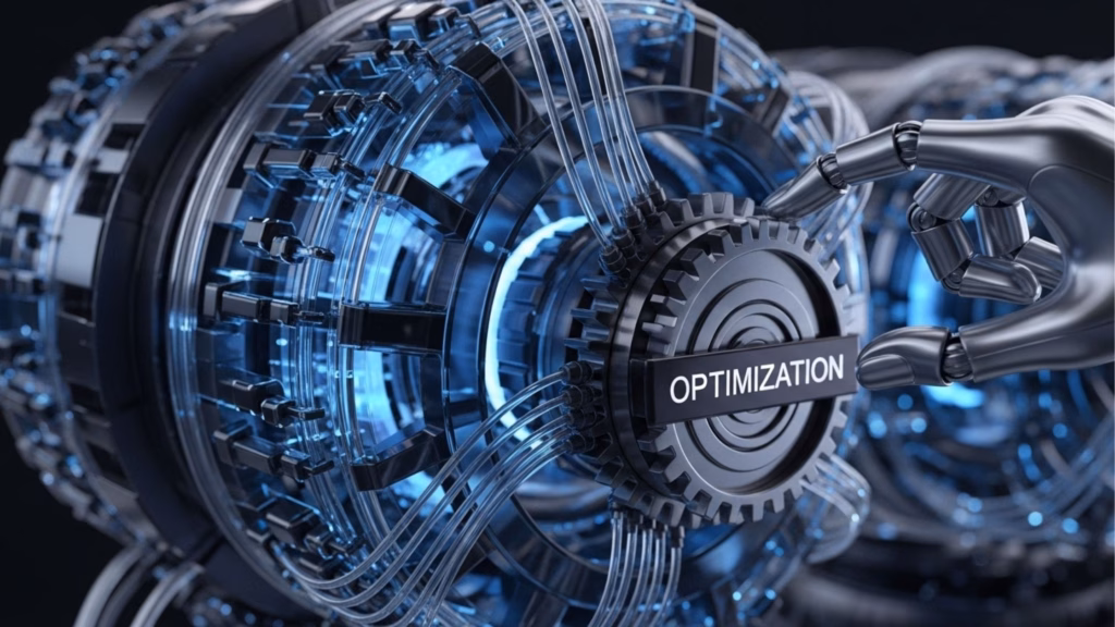 Uma mão robótica ajusta uma engrenagem central metálica com o texto "OPTIMIZATION". A peça faz parte de um motor complexo cercado por tubos de vidro, simbolizando o ajuste técnico para motores de resposta.
