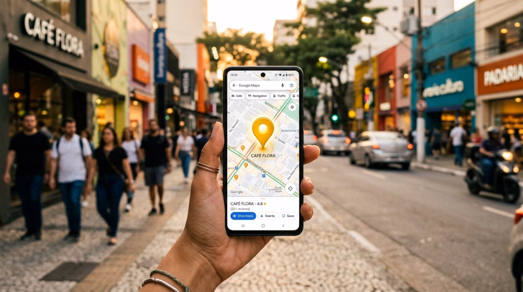 Uma mão segura um smartphone em primeiro plano, sobreposta a uma visão real de uma rua movimentada com comércio local durante o dia. A tela do celular mostra o Google Maps com um pino dourado gigante marcando o "CAFÉ FLORA". Ao fundo, a fachada real do estabelecimento "CAFÉ FLORA" é visível na calçada, criando uma conexão entre a busca digital e o local físico. O ambiente é urbano, com pedestres e carros circulando.