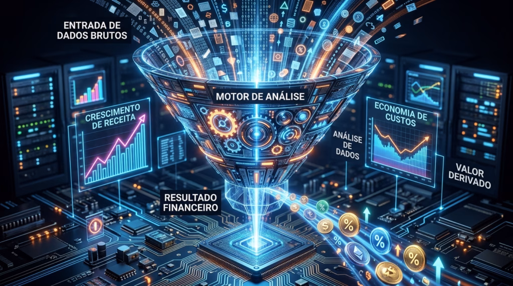 Ilustração digital de um ambiente tecnológico futurista mostrando um grande funil brilhante processando informações. No topo, uma nuvem de símbolos digitais e códigos entra no funil, identificada como "ENTRADA DE DADOS BRUTOS". O centro do funil é rotulado como "MOTOR DE ANÁLISE" e contém engrenagens mecânicas e circuitos luminosos. Da base do funil, um feixe de luz projeta moedas brilhantes com símbolos de porcentagem, cifrões e criptomoedas sobre um microchip, indicando o "RESULTADO FINANCEIRO" e o "VALOR DERIVADO". Ao redor da estrutura, painéis holográficos flutuantes exibem gráficos de barras e linhas apontando para cima, com os títulos "CRESCIMENTO DE RECEITA" e "ECONOMIA DE CUSTOS".