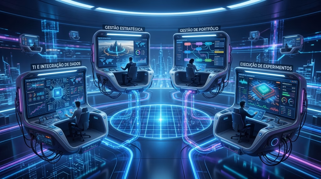 Ilustração de uma sala de comando circular e moderna com iluminação azul neon. Quatro profissionais estão sentados em estações de trabalho tecnológicas em formato de cápsula, de frente para grandes telas curvas. Acima de cada estação, há letreiros flutuantes descrevendo suas funções: "TI E INTEGRAÇÃO DE DADOS", "GESTÃO ESTRATÉGICA", "GESTÃO DE PORTFÓLIO" e "EXECUÇÃO DE EXPERIMENTOS". Os monitores exibem elementos variados, como mapas globais, fluxogramas, gráficos e circuitos eletrônicos. Cabos luminosos conectam a base de cada estação a uma grande grade circular brilhante no centro do piso.