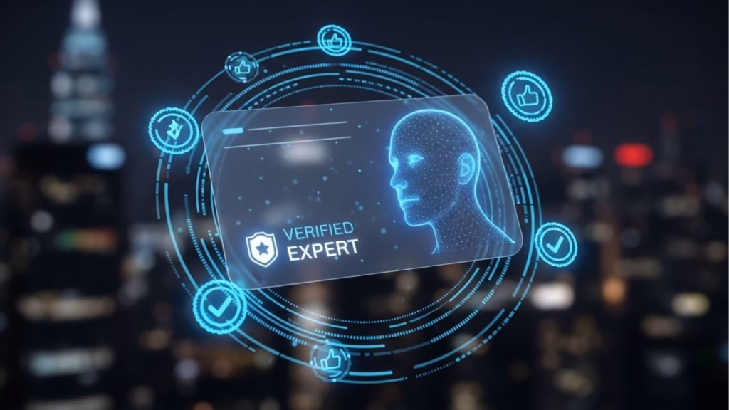 Holograma de um cartão com o rosto digitalizado de uma pessoa e o selo “Verified Expert”, cercado por ícones de aprovação como check e curtidas, sobre fundo urbano desfocado.