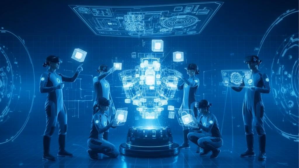 Seis pessoas com roupas tecnológicas e óculos de realidade aumentada manipulando hologramas e cubos digitais flutuantes em um ambiente virtual, simbolizando colaboração em ambiente imersivo.