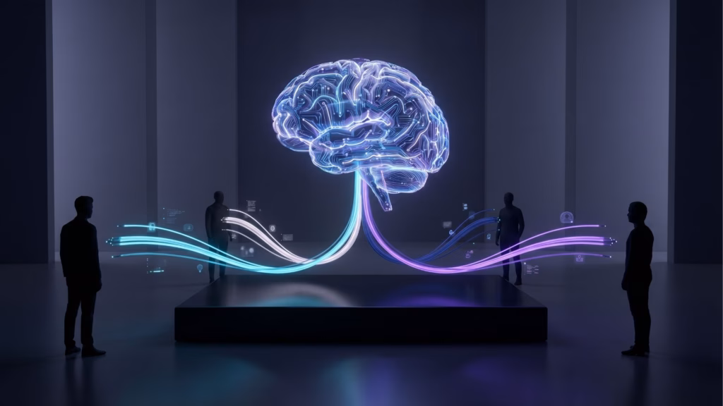 Uma cena futurista em uma sala ampla e com pouca luz. Quatro silhuetas humanas em pé observam um grande cérebro holográfico flutuando sobre um pedestal escuro no centro. O cérebro é construído por linhas de luz e circuitos complexos. Da base desse cérebro, grossos feixes luminosos (semelhantes a cabos de fibra ótica) descem e se espalham horizontalmente para a esquerda em tons de ciano e para a direita em tons de roxo, acompanhados de pequenos ícones digitais flutuantes.