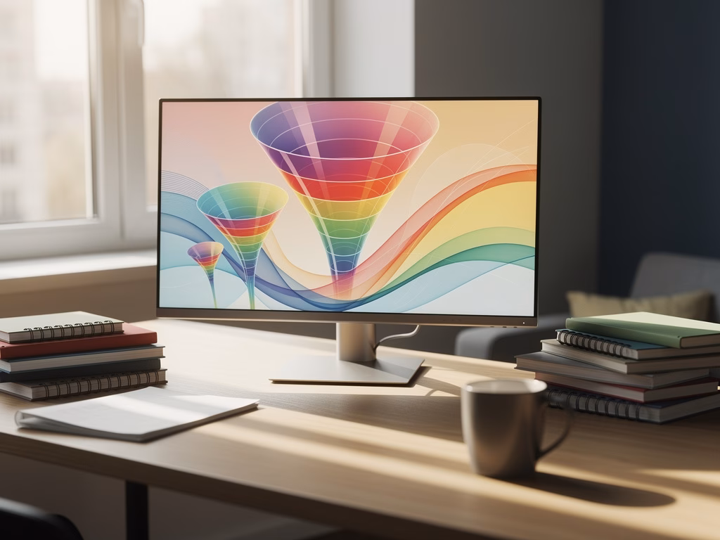 mesa de trabalho vazia com monitor exibindo gráficos abstratos e cadernos empilhados ao fundo