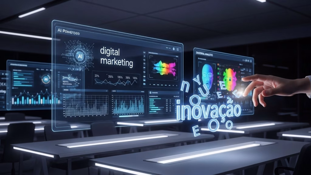Interface de marketing digital com dados e gráficos, mão tocando a palavra “inovação” em holograma.