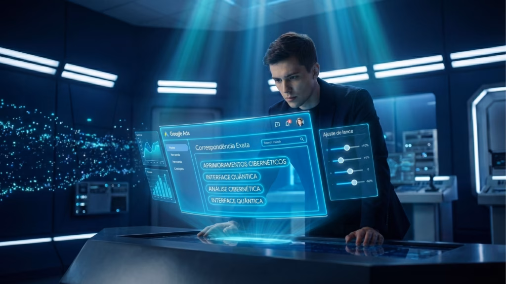 Um jovem analista de dados, vestindo um blazer preto, está de pé em um laboratório de controle futurista interagindo com uma mesa de toque transparente. Um holograma azul neon projeta uma interface do Google Ads para 'Correspondência Exata' com palavras-chave complexas em português, como 'APRIMORAMENTOS CIBERNÉTICOS' e 'INTERFACE QUÂNTICA'. À direita, um painel de 'Ajuste de lance' com sliders. Gráficos de dados flutuam ao lado. Feixes de luz azul vêm de cima.