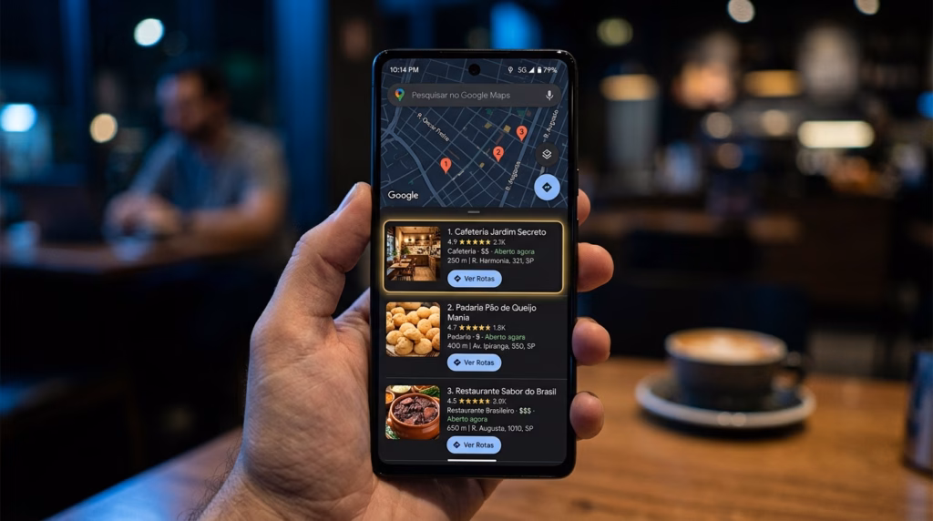 Close-up da mão de uma pessoa segurando um smartphone em um ambiente de cafeteria com iluminação baixa e desfocada. A tela do celular exibe o aplicativo Google Maps no modo noturno, mostrando uma lista de resultados de busca para estabelecimentos locais em São Paulo. O primeiro resultado em destaque é a "Cafeteria Jardim Secreto", seguido pela "Padaria Pão de Queijo Mania" e "Restaurante Sabor do Brasil". Cada item mostra a avaliação em estrelas, distância e endereço.