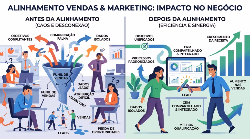 Um infográfico comparativo intitulado "ALINHAMENTO VENDAS & MARKETING: IMPACTO NO NEGÓCIO", dividido verticalmente em duas partes. A esquerda, "ANTES DA ALINHAMENTO (CAOS E DESCONEXÃO)", mostra um ambiente de trabalho desorganizado com um funil de vendas rachado vazando leads pelo fundo, funcionários confusos ou frustrados e setas caóticas apontando para várias direções com os textos "OBJETIVOS CONFLITANTES", "COMUNICAÇÃO FALHA" e "DADOS ISOLADOS". À direita, "DEPOIS DA ALINHAMENTO (EFICIÊNCIA E SINERGIA)", o cenário é positivo: uma mulher e um homem sorridentes passam um bastão luminoso rotulado como "LEAD" um para o outro, como em uma corrida de revezamento. Ao fundo, há um painel digital mostrando "CRM COMPARTILHADO & INTEGRADO" e um grande gráfico de barras verde apontando para cima, indicando "CRESCIMENTO DA RECEITA" e "AUMENTO NAS VENDAS".