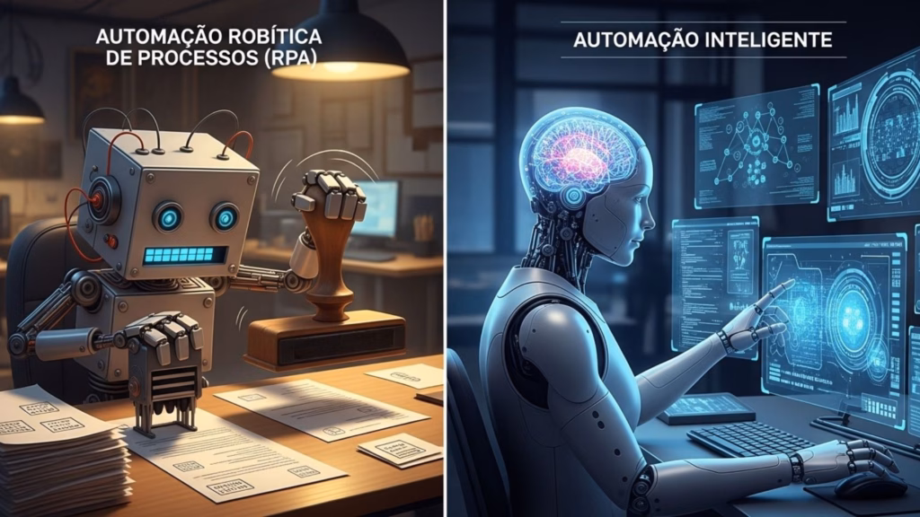 Imagem dividida comparando dois tipos de tecnologia. À esquerda, um pequeno robô físico carimba documentos em uma mesa sob o título "Automação Robótica de Processos (RPA)". À direita, um humanoide digital com cérebro brilhante analisa telas de dados complexas sob o título "Automação Inteligente".